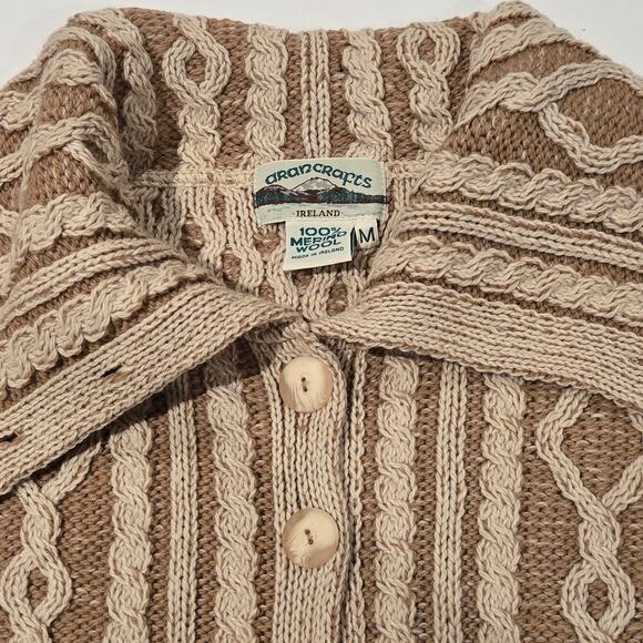 Aran Crafts Ireland Merino Wool 2-Tone Collared Cable Fisherman Knit Cardigan M - Picture 3 of 7